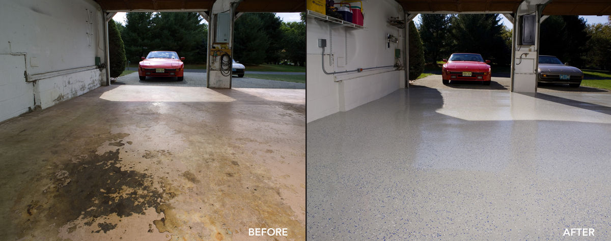Armor Chip garage epoxy before and after comparison on a garage slab