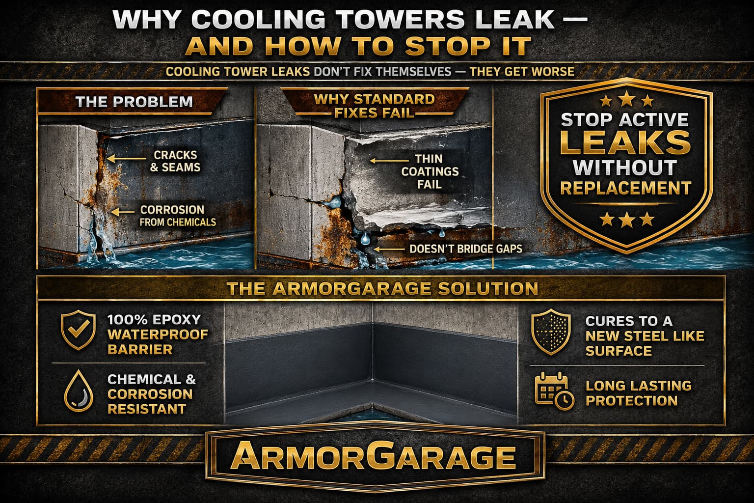 Why cooling towers leak and how to stop it — cracks, seams and chemical corrosion cause leaks, thin coatings fail to bridge gaps, ArmorGarage 100% epoxy waterproof barrier cures to a steel-like surface and stops active leaks without replacement