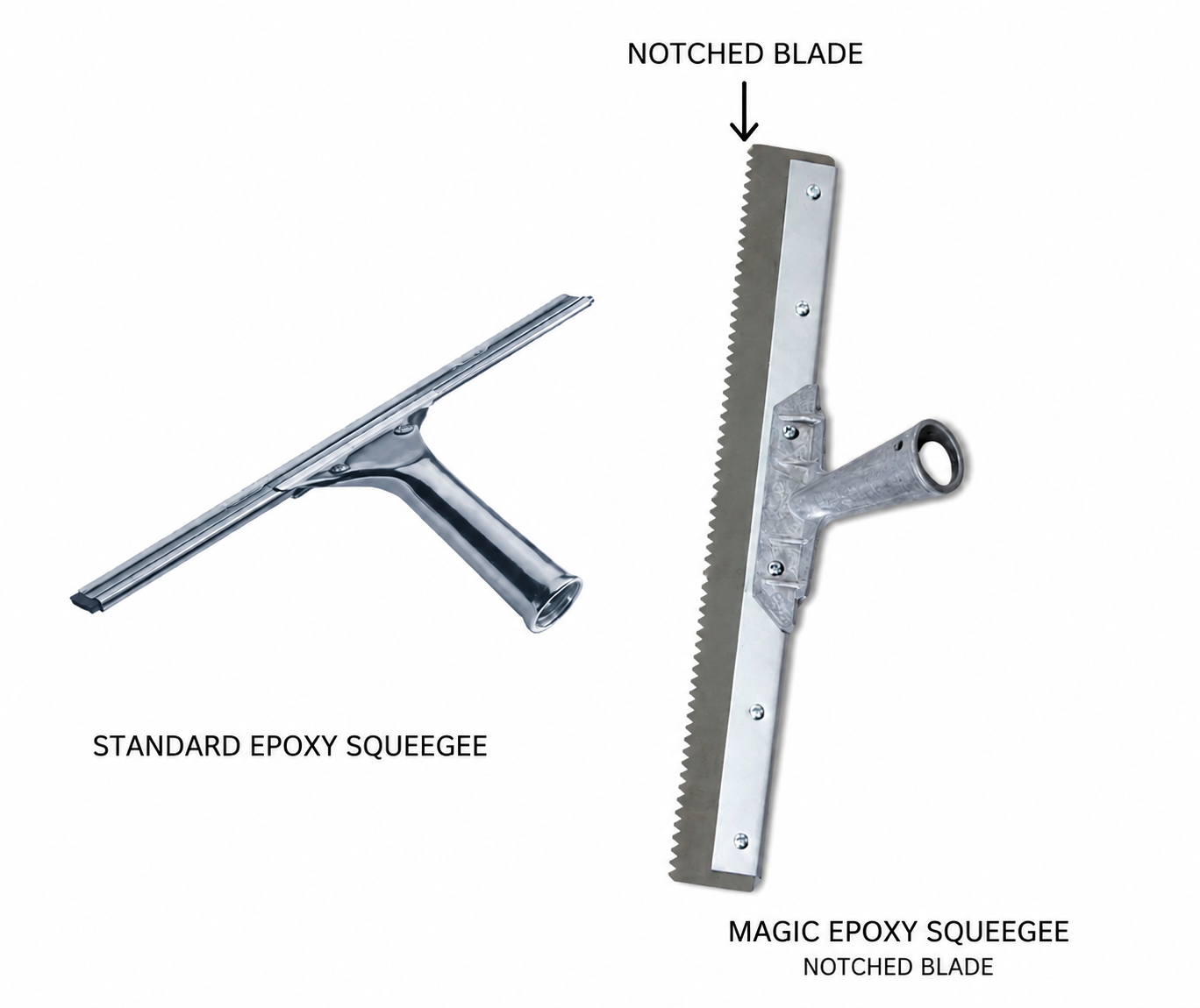 Comparison of a standard flat windshield-wiper-style epoxy squeegee versus the ArmorGarage Magic Epoxy Squeegee with notched blade for calibrated epoxy thickness control